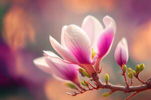 Closeup of blooming magnolia tree in spring on pastel bokeh background. photo