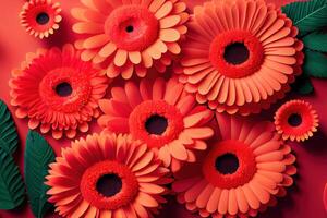 Floral flat lay greeting card template with beautiful gerberas. photo
