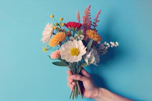 Beautiful young woman holding bouquet of tulips on blue background. photo