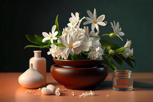 White crocheted background with a close up of a bouquet of white flowers. photo
