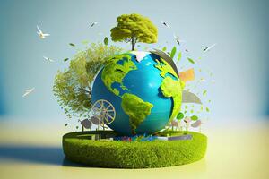 Hands protecting globe of green tree on tropical nature summer background. photo