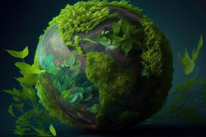 Woman holding a green planet Earth. photo