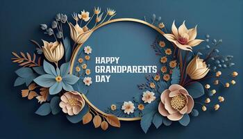 Happy Grandparents Day round frame shape Beautiful flowers on blue paper background. photo