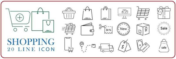 Set of shopping vector line icons. Store, online shopping and black friday discount.