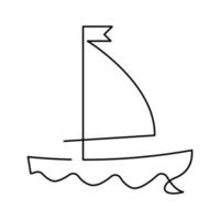 Sailing boat continuous line drawing element isolated on white background for logo or decorative element. Vector illustration of ship form in trendy outline style. Summer.