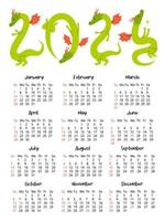 Calendar 2023 with cute dragon. Page with 12 months. Green wooden dragon character mascot symbol year. Week starts on Sunday. For size A4, A5, A3. Vector flat cartoon template.