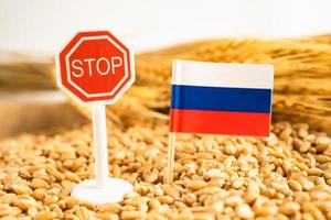 Grains wheat with Russia flag with stop sign, trade export and economy concept. photo