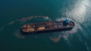 Oil spill or leakage out in the sea from ship, water ocean pollution problems, dangerous case study background, dangerous chemicals from accident, container cargo maritime ship with . photo