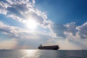 Aerial top view of cargo container business ship, global express in the ocean, logistic freight shipping and transportation, container cargo maritime ship with . photo