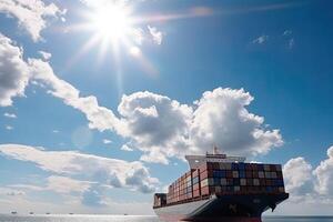 Aerial top view of cargo container business ship, global express in the ocean, logistic freight shipping and transportation, container cargo maritime ship with . photo