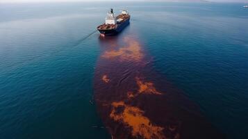 Oil spill or leakage out in the sea from ship, water ocean pollution problems, dangerous case study background, dangerous chemicals from accident, container cargo maritime ship with . photo