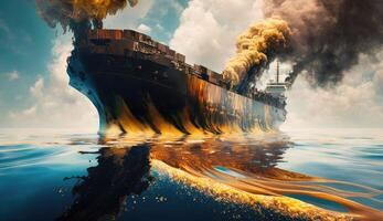 Oil spill or leakage out in the sea from ship, water ocean pollution problems, dangerous case study background, dangerous chemicals from accident, container cargo maritime ship with . photo