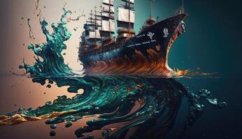 Oil spill or leakage out in the sea from ship, water ocean pollution problems, dangerous case study background, dangerous chemicals from accident, container cargo maritime ship with . photo