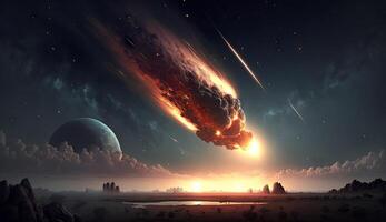 Aerial view of Meteor or asteroids burning up on the sky and heading to the planet background, shooting star fire that entering through ozone atmosphere scene, with . photo