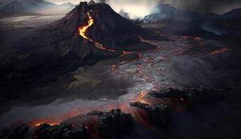 Aerial view of Volcano eruption with lava flowing on rock mountain background, magma appear on ground, disaster situation, lava spill from the crater with . photo