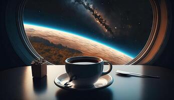 cerca arriba taza de caliente café en mesa en el astronave con galaxia espacio, estrella, planeta, asteroides, meteorito y nebulosa ver formar ventana, Bebiendo café en el universo con generativo ai. foto