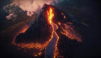 Aerial view of Volcano eruption with lava flowing on rock mountain background, magma appear on ground, disaster situation, lava spill from the crater with . photo