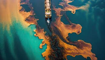 petróleo derramar o fuga fuera en el mar desde barco, agua Oceano contaminación problemas, peligroso caso estudiar fondo, peligroso productos quimicos desde accidente, envase carga marítimo Embarcacion con generativo ai. foto