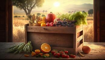 Healthy of varies raw organic vegetables in basket box on wooden table, fresh ingredients for cook and meals, high vitamin and minerals, green hydroponics plants, with . photo