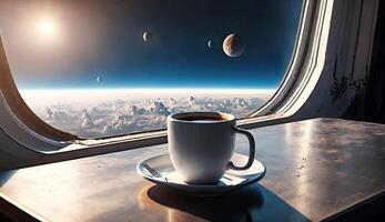 Close up cup of hot coffee on table in the spaceship with galaxy space, star, planet, asteroids, meteor and nebula view form window, drinking coffee in the universe with . photo