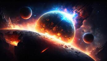Planet Destroyed in the space surrounding with stars, flares, asteroids, cosmic background, Apocalypse explosion star, death planet scene, with . photo