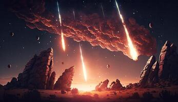 Aerial view of Meteor or asteroids burning up on the sky and heading to the planet background, shooting star fire that entering through ozone atmosphere scene, with . photo