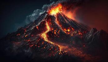 Aerial view of Volcano eruption with lava flowing on rock mountain background, magma appear on ground, disaster situation, lava spill from the crater with . photo