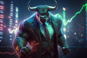 Angry bull wearing suit with trading graph on computer screen background photo