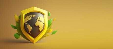 Earth with protection shield banner with copy space, Save the world concept. photo