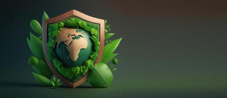 Earth with protection shield banner with copy space, Save the world concept. photo