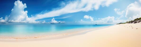 panorama tropical mar y arenoso playa con azul cielo bandera. generativo ai foto