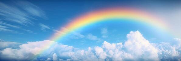 arco iris en azul cielo fondo, hermosa arco iris nublado cielo después lluvia. generativo ai foto