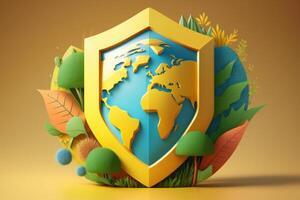 Earth with eco protection shield background, Save the world concept. photo