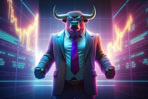 Angry bull wearing suit with trading graph on computer screen background photo