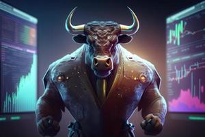 Angry bull wearing suit with trading graph on computer screen background photo