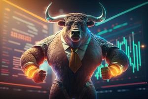 Angry bull wearing suit with trading graph on computer screen background photo