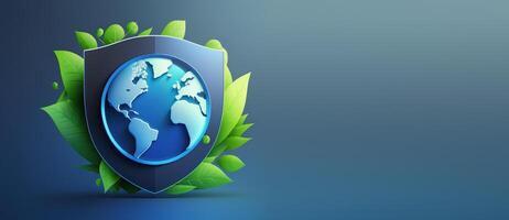 Earth with protection shield banner with copy space, Save the world concept. photo