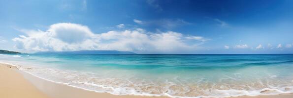 panorama tropical mar y arenoso playa con azul cielo bandera. generativo ai foto