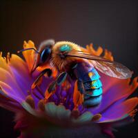 Honey bee fly in the garden with flower and nectar photo