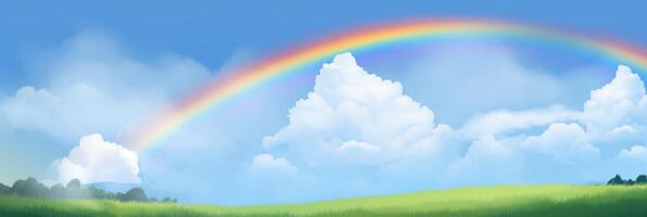 Rainbow on blue sky background, Beautiful rainbow cloudy sky after rain. photo