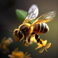 Honey bee fly in the garden with flower and nectar photo