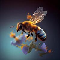 Honey bee fly in the garden with flower and nectar photo