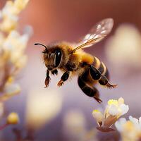 Honey bee fly in the garden with flower and nectar photo