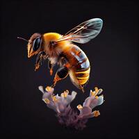 Honey bee fly in the garden with flower and nectar photo