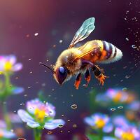 Honey bee fly in the garden with flower and nectar photo