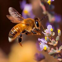 Honey bee fly in the garden with flower and nectar photo