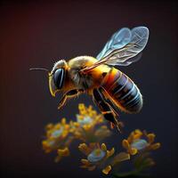 Honey bee fly in the garden with flower and nectar photo