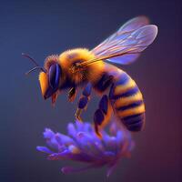 Honey bee fly in the garden with flower and nectar photo