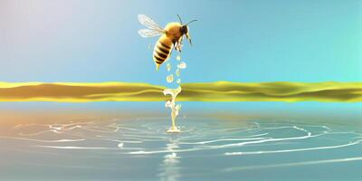 Honey bee fly in the garden with flower and nectar photo