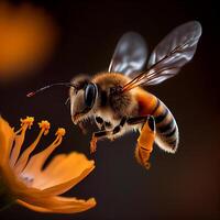 Honey bee fly in the garden with flower and nectar photo